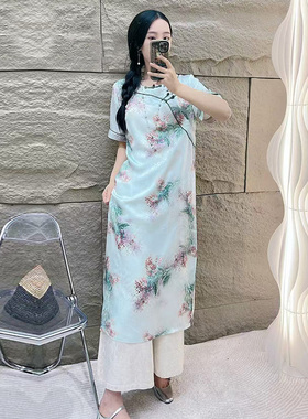 新中式提花单层旗袍开叉77117夏女士中长50人丝缎舒适浅绿连衣裙