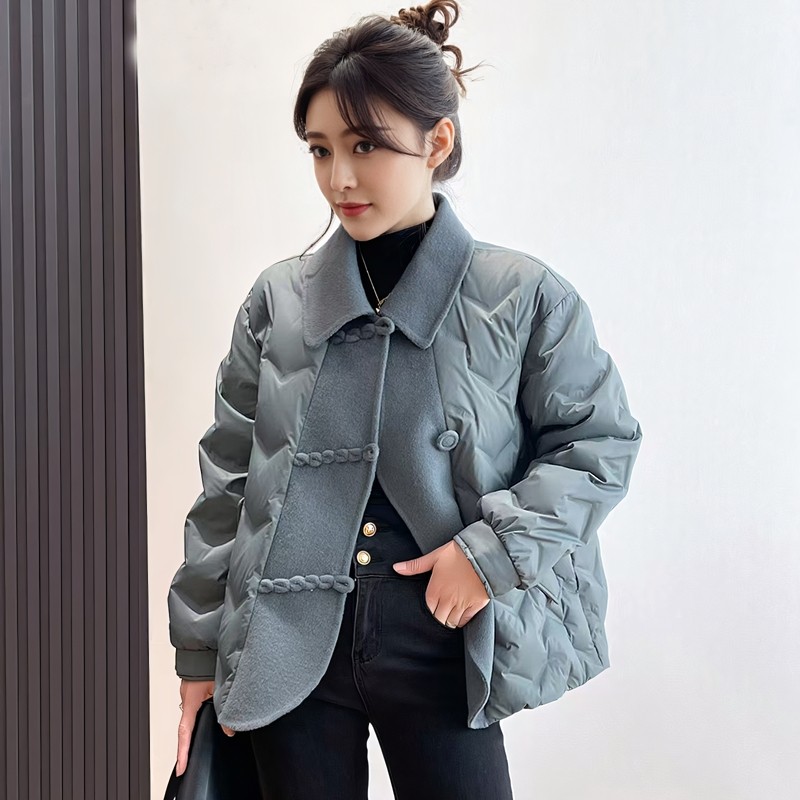 欧路S22187冬女100羊毛拼80羽绒服外套中国结松压花短款娃娃领