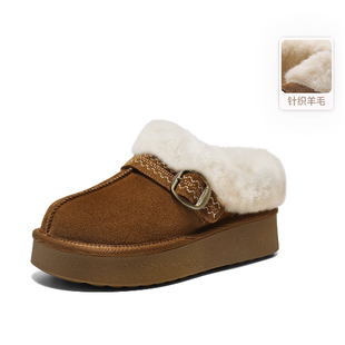 专柜正品百丽2025冬新款女鞋民族风毛毛棉拖鞋保暖勃肯鞋F3D1DDH5