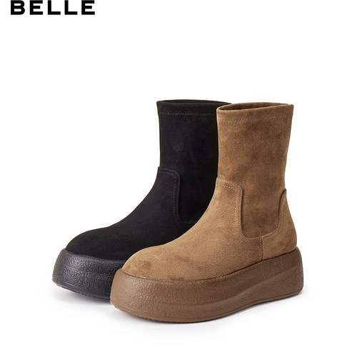 Belle/百丽复古绒面厚底弹力女靴