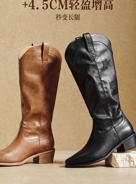 专柜正品天美意2025冬款女靴巴恩风复古尖头黄金V西部靴KXZ12DD5