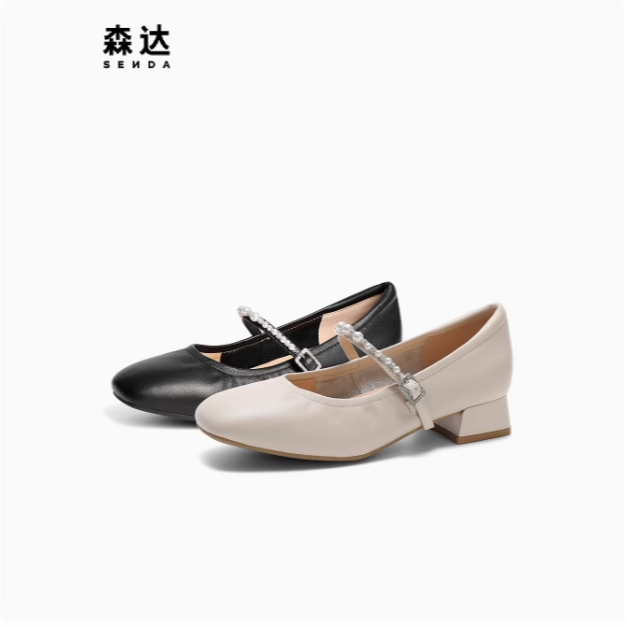 Senda/森达女粗跟浅口玛丽珍鞋