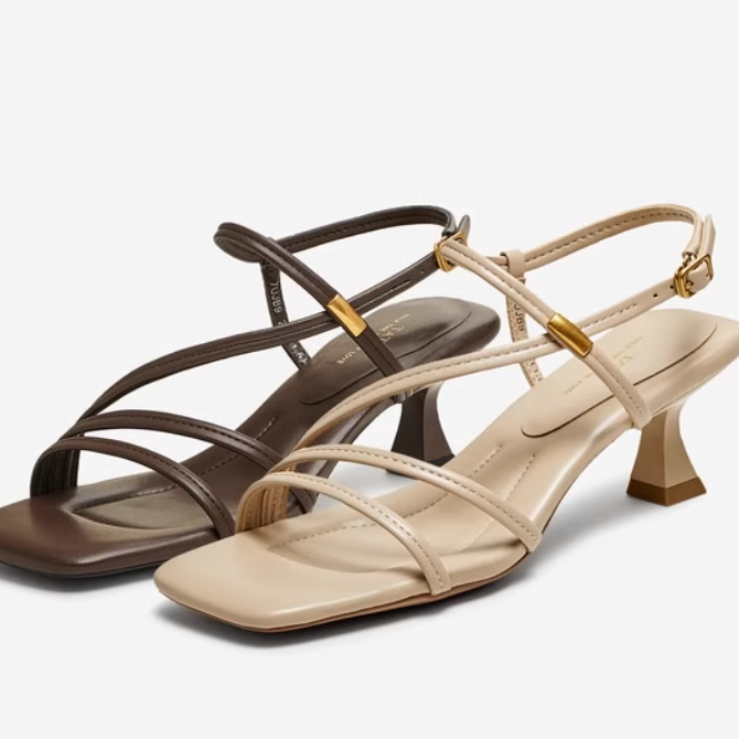 专柜正品他她2025夏女鞋高跟一字带凉鞋法式复古绑带凉鞋7UJB9BL5