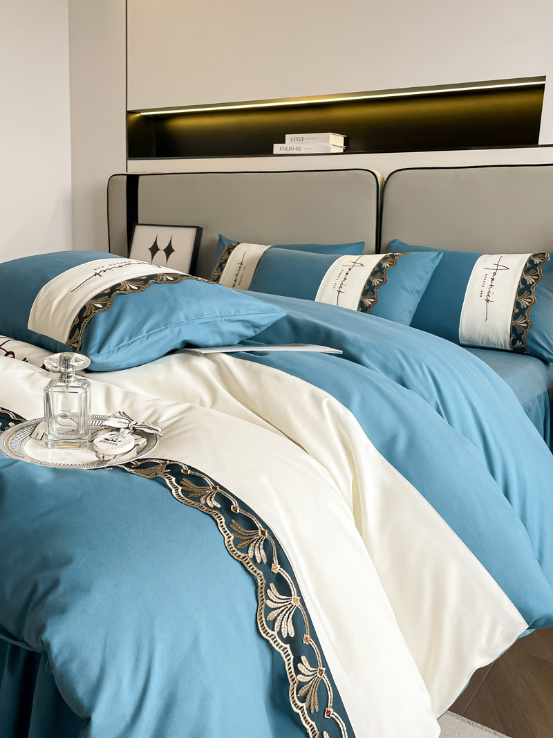 轻奢高级感蕾丝刺绣贡缎四件套全棉纯棉拼接被套床裙床笠床上用品