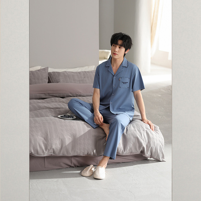 雅巧22426夏季男士纯色短袖长裤丝光纯棉家居服套装
