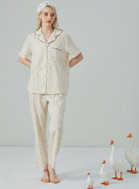 佳洁儿21293夏季女士短袖长裤翻领开衫小碎花梭织花纱棉套装