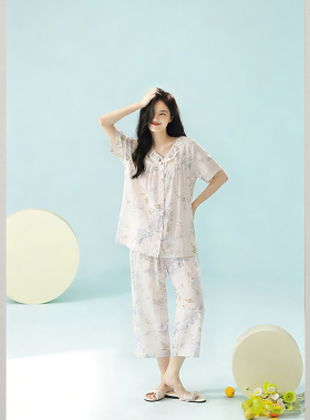 佳洁儿37118夏季女士短袖八分裤印花莱赛尔棉家居服套装