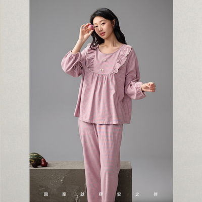 安之伴120012秋季女士双股梭织磨毛色织格家居服套装