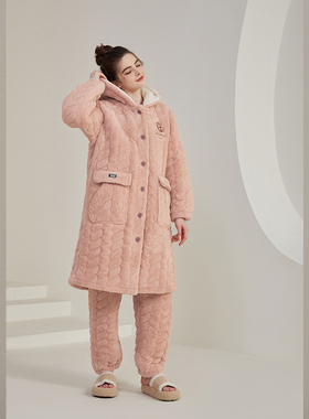 佳洁儿88244冬季女士长版连帽法兰绒雕绒加厚夹棉居家套装