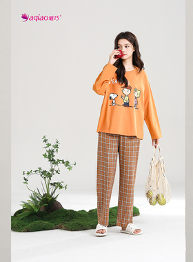 雅巧54649春季女士圆领套头卡通丝光纯棉家居服套装