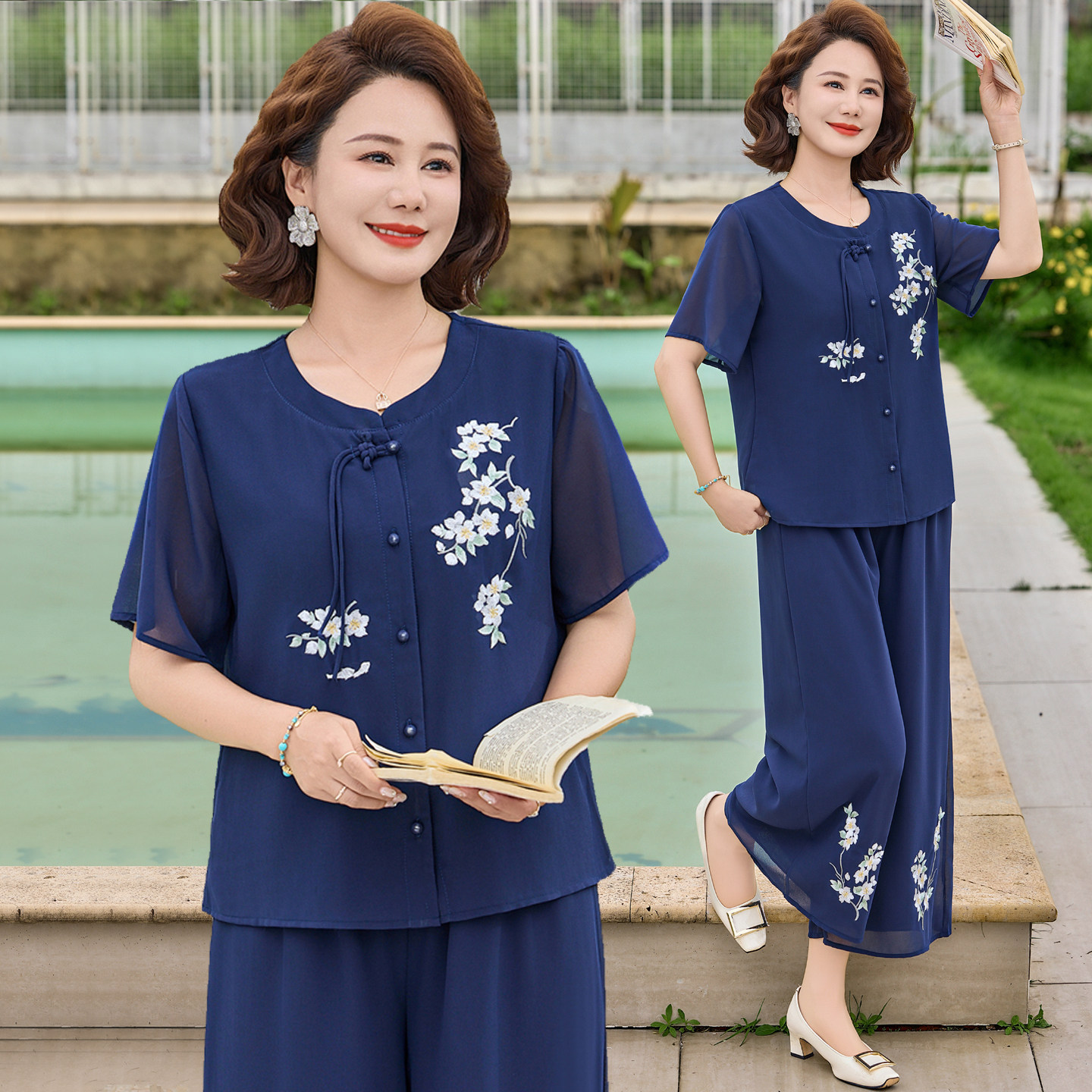 中年妈妈装夏装套装洋气2026新款中老年女雪纺短袖上衣气质两件套