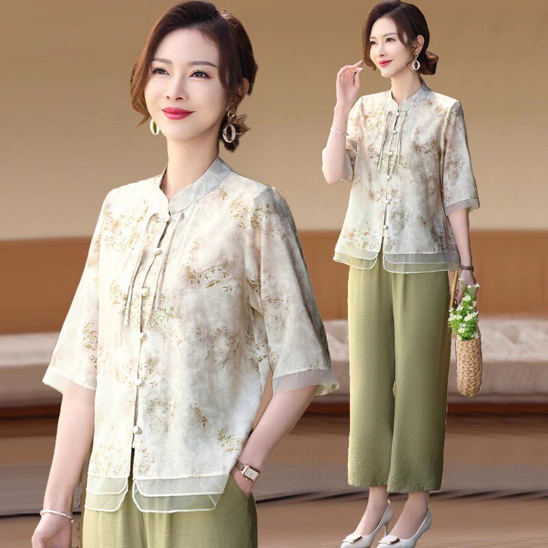 妈妈夏装2026新款套装中老年女洋气短袖高贵棉麻新中式国风两件套