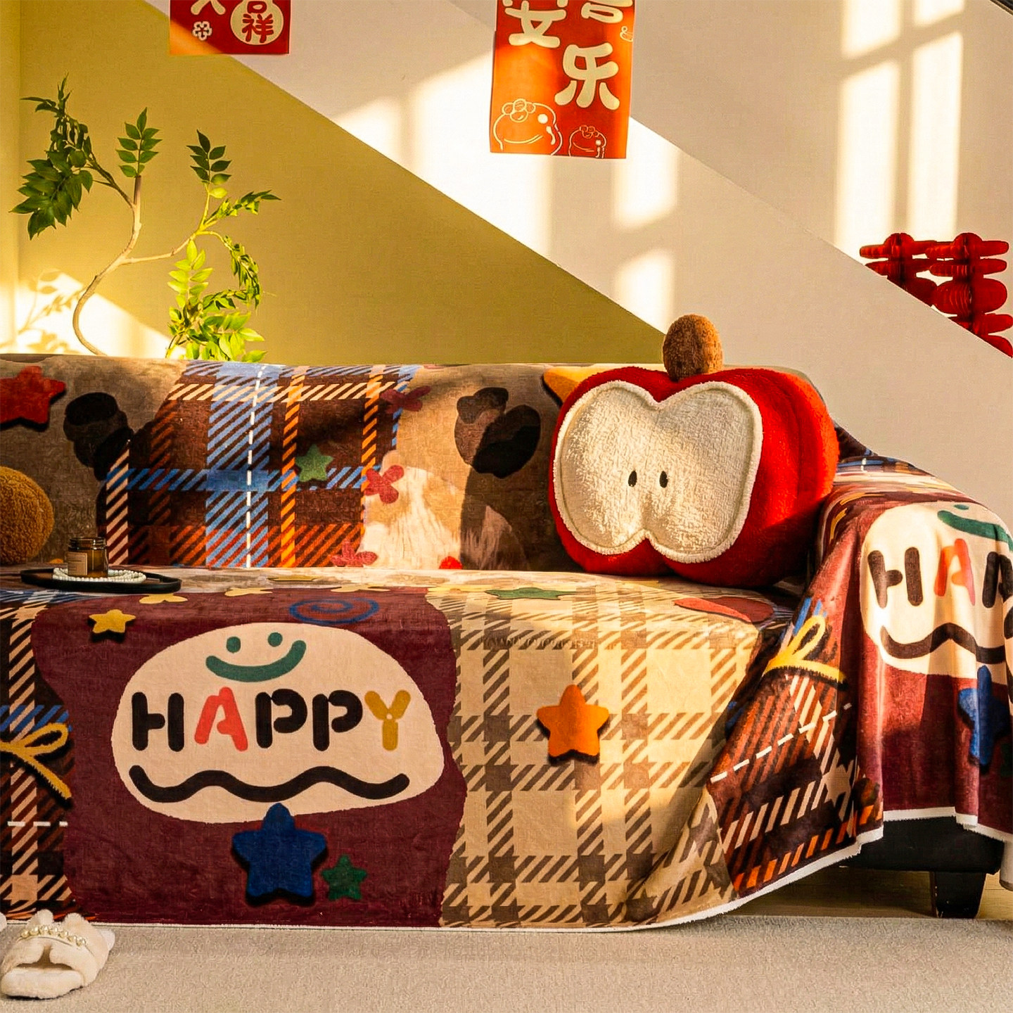 沙发盖布2026新年装饰氛围感冬季毛绒防滑全包沙发巾加厚卡通套罩,居家布艺,沙发套,淘宝优惠券,粉丝福利购,淘宝优惠卷