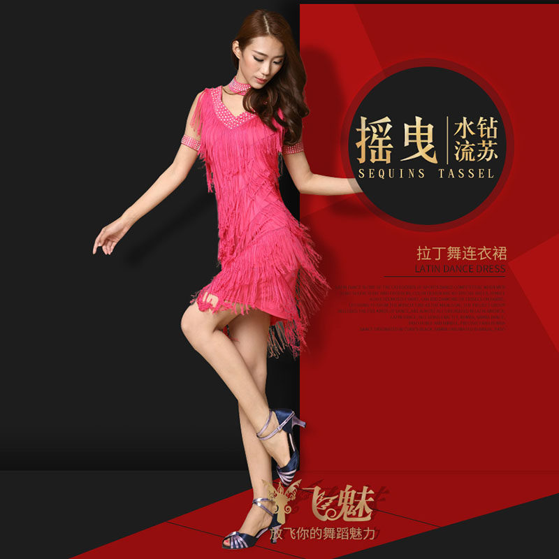 飞魅 拉丁舞演出服成人女式 拉丁舞裙水钻V领流苏拉丁舞表演服装