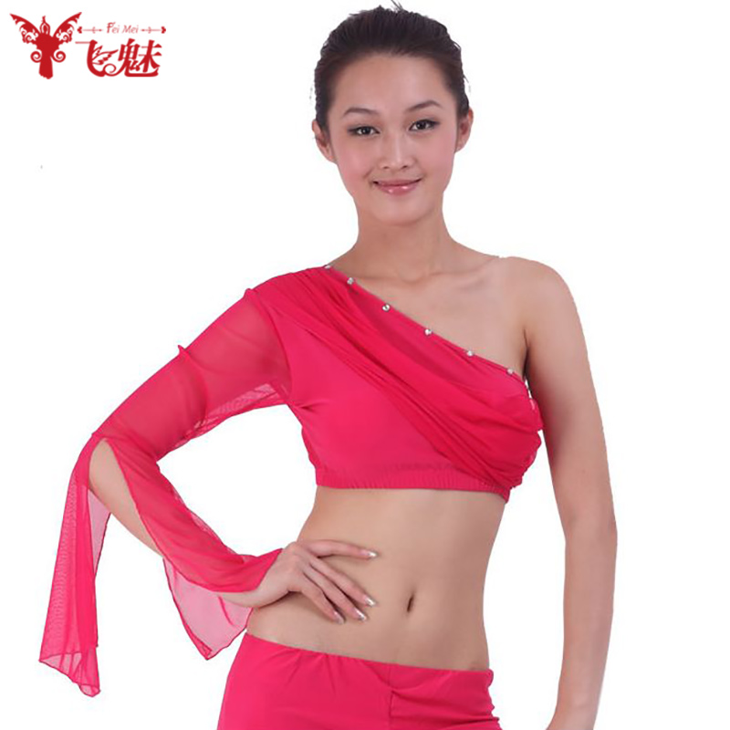 飞魅肚皮舞网纱性感斜肩上衣舞蹈练功服上衣带胸垫东方舞上衣单肩
