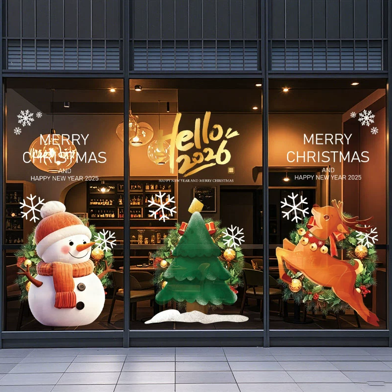 2026浪漫圣诞节装饰静电贴玻璃门贴纸圣诞树雪人橱窗贴画店铺布置