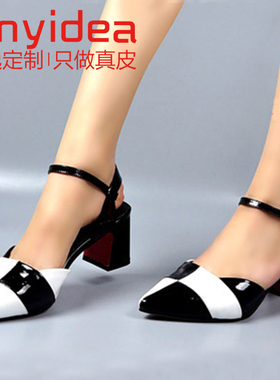 2022新款匠逸粗跟女夏定制码尖头真皮凉鞋高跟鞋小女鞋31-33女鞋
