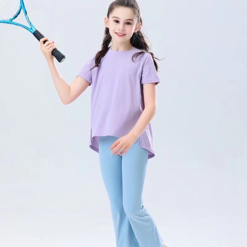 女童速干运动T恤长裤 2023夏季新款宽松透气瑜伽服套装短袖空气衣