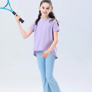 女童速干运动T恤长裤 2023夏季新款宽松透气瑜伽服套装短袖空气衣