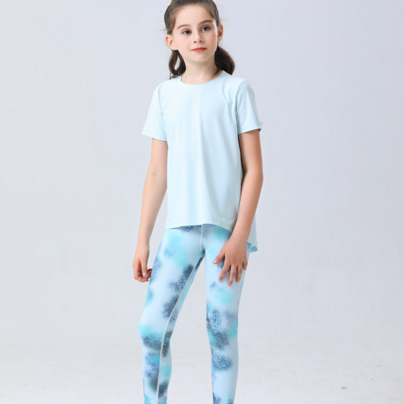 夏季薄款防晒透气速干女孩儿童短袖瑜伽服套装运动衣健身长裤户外