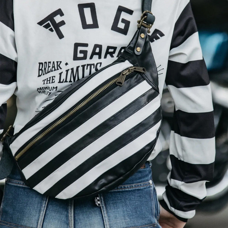福禄车库胸包机车背包囚徒骑行包摩托骑士真皮黑白条纹斜挎包原创