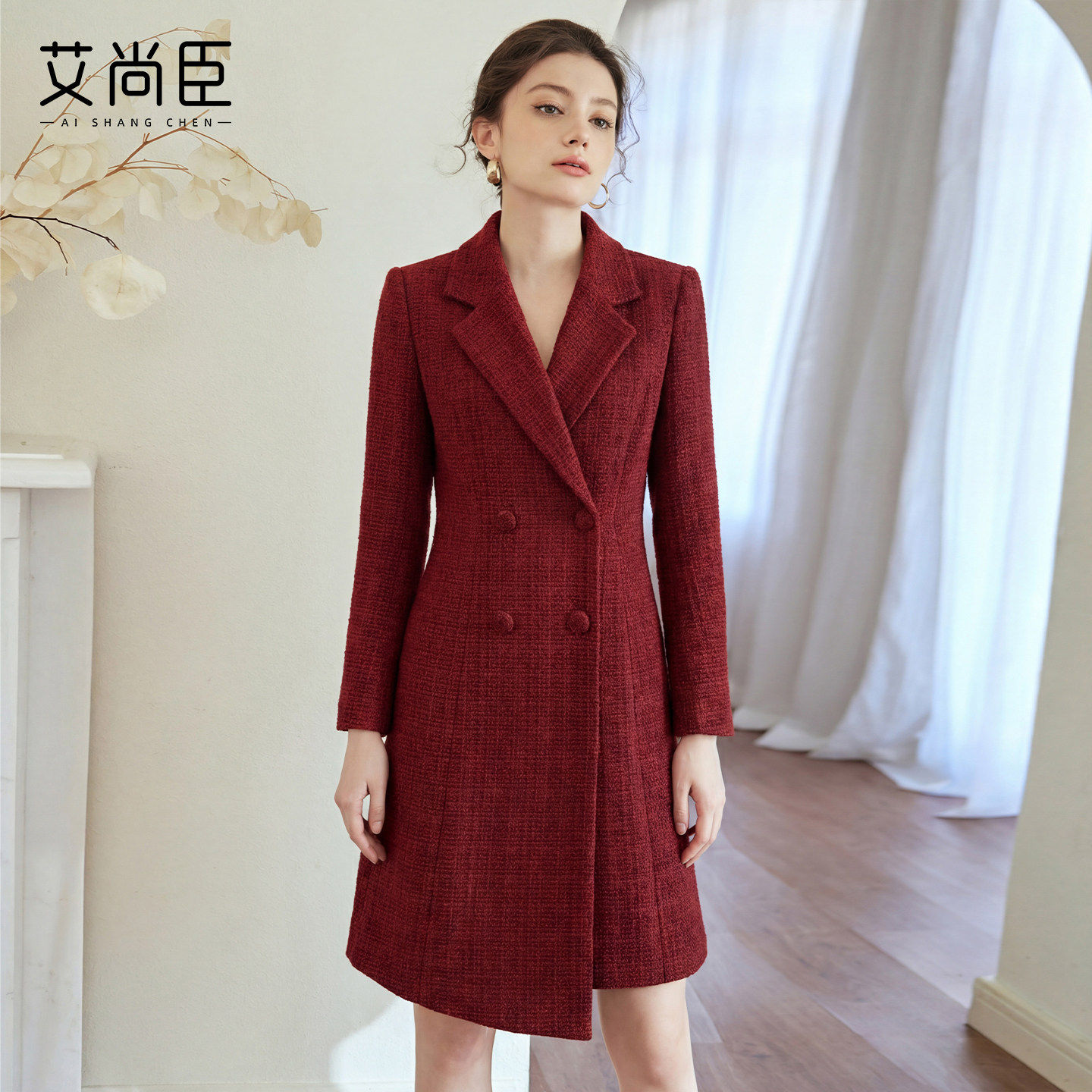 艾尚臣毛呢西装领连衣裙女款美容院老板娘店长经理通勤店长职业装