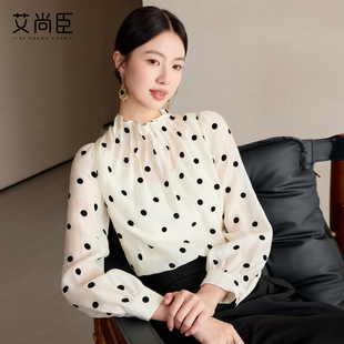 艾尚臣波点衬衫女白底黑点长袖防晒衬衣白领经理通勤职业上衣衬衣