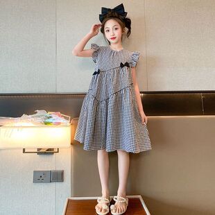 女童飞袖连衣裙夏季韩版女孩格子裙洋气公主裙夏装中大童儿童裙子