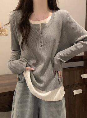 灰色假两件长袖衫女秋冬季新款宽松洋气减龄内搭打底衫上衣学生潮
