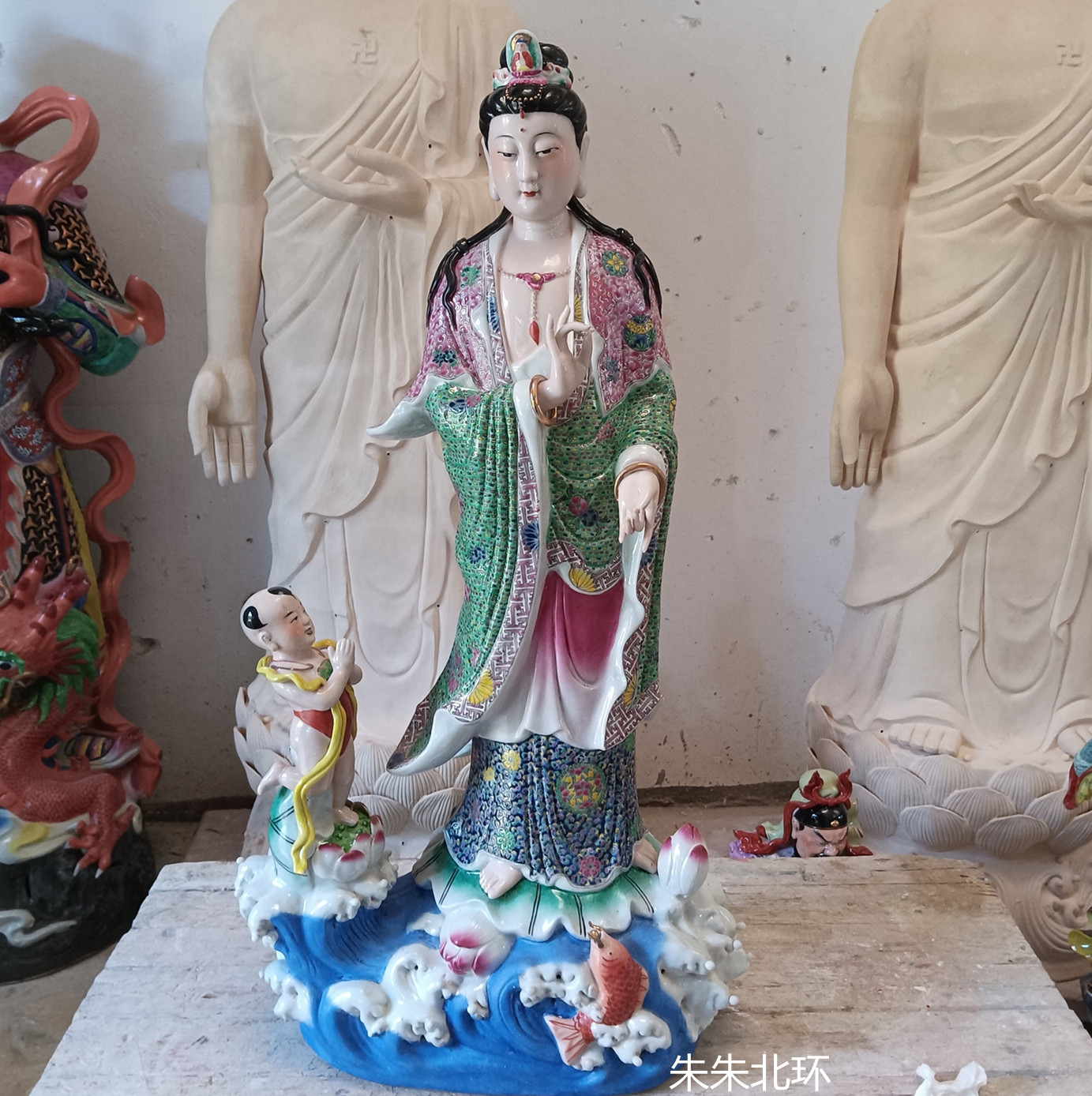 雕塑陶瓷观音佛像摆件客厅供奉童子拜南海观世音菩萨站像工艺品76