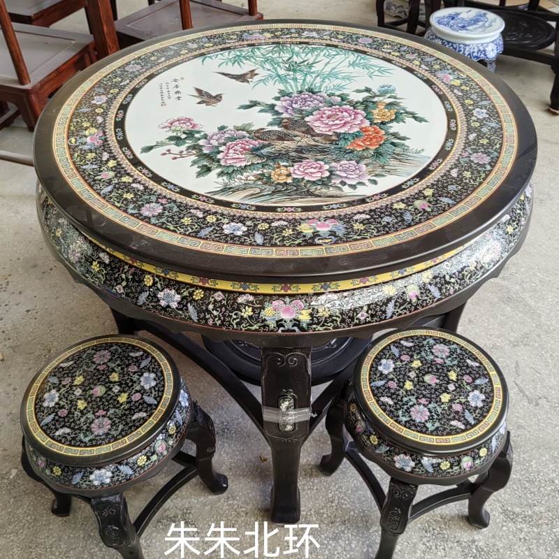 景德镇手绘粉彩陶瓷桌凳套装客厅凉亭桌椅中欧式黑色花鸟桌子凳子