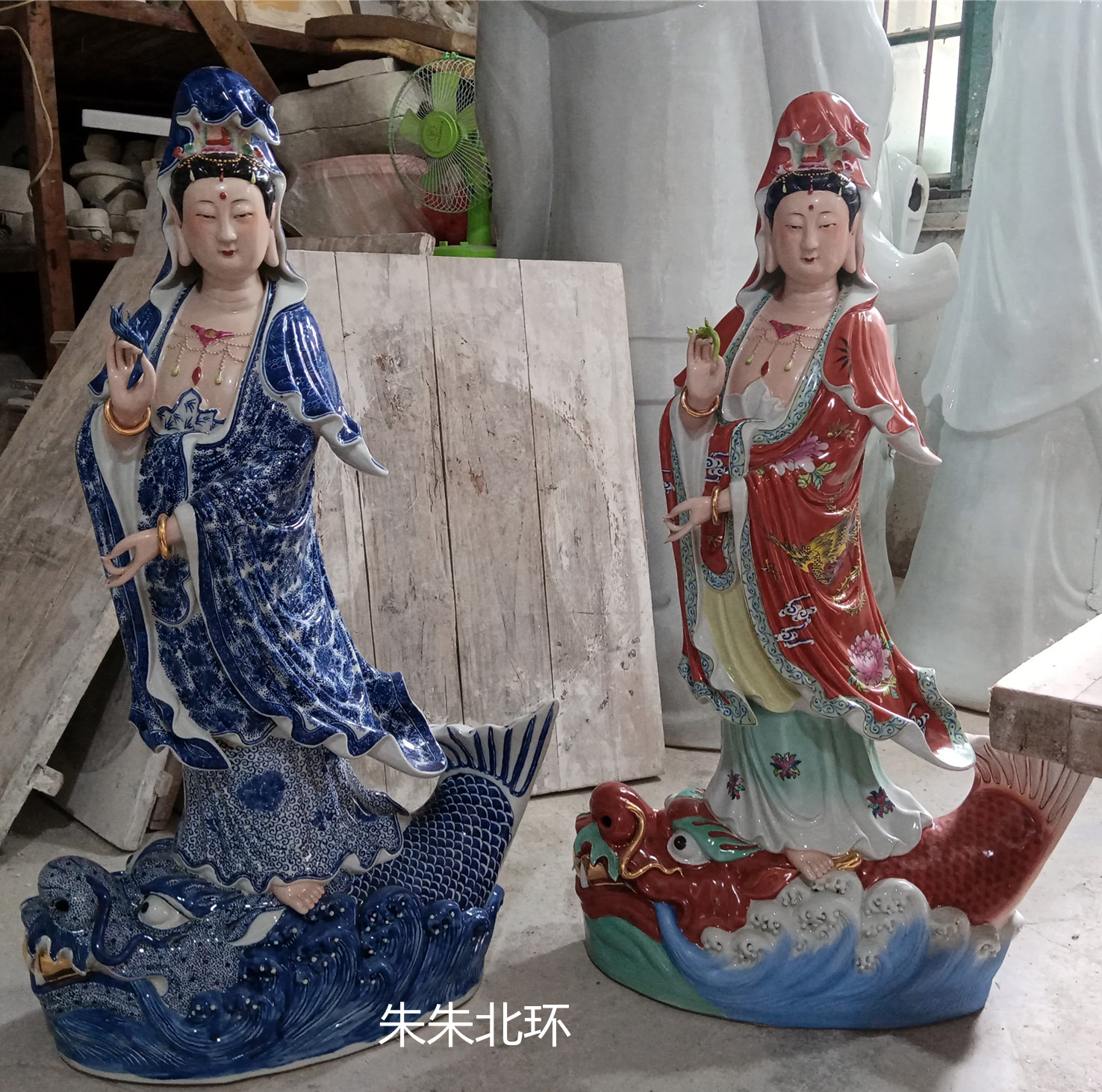 青花鳌鱼鳌龙观音瓷像保平安佛像