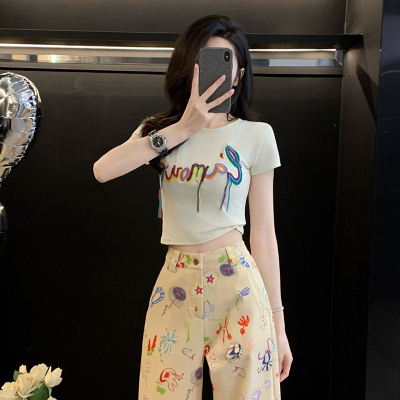 刺绣字母短款紧身短袖t恤女夏季