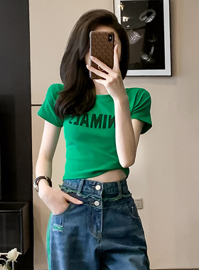 短款紧身短袖t恤女夏季新款高腰修身显瘦露脐辣妹正肩半袖衫上衣