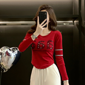 长袖 修身 T恤女春秋季 烫钻短款 新款 时尚 显瘦休闲百搭打底衫 上衣潮