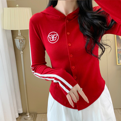 刺绣连帽短款长袖t恤女外套秋季