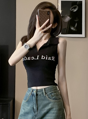 翻领紧身短款无袖t恤女夏季高腰性感修身显瘦露脐辣妹半袖衫上衣