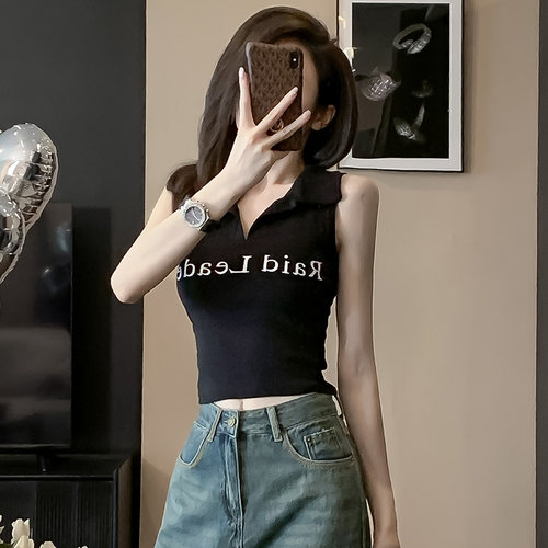 翻领紧身短款无袖t恤女夏季