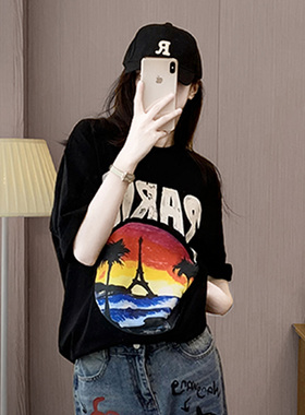 黑色短袖t恤女夏季新款设计感懒惰风休闲大版宽松学生半袖衫上衣