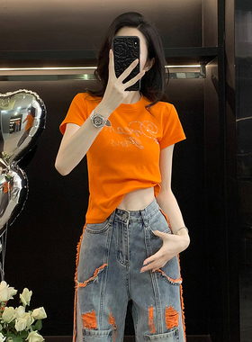 烫钻字母短款T恤女短袖夏季新款正肩修身显瘦百搭小个子半袖上衣