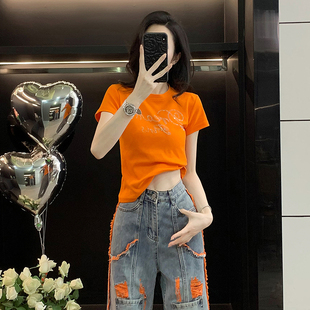 显瘦百搭小个子半袖 烫钻字母短款 上衣 正肩修身 新款 T恤女短袖 夏季