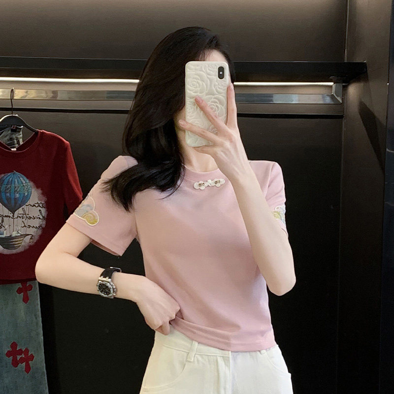 刺绣紧身短款t恤女短袖夏季