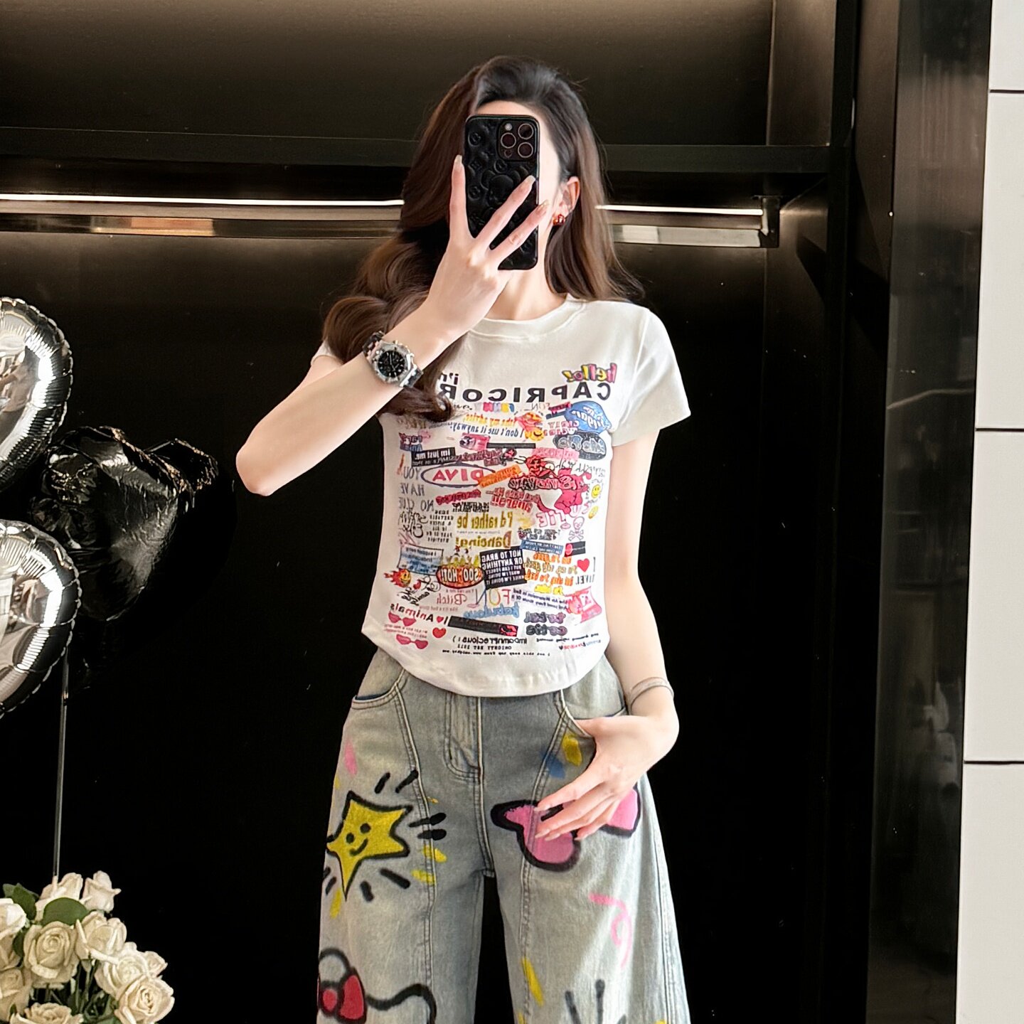 美式涂鸦短袖T恤女夏季新款修身显瘦卡通印花短款半袖衫上衣潮酷