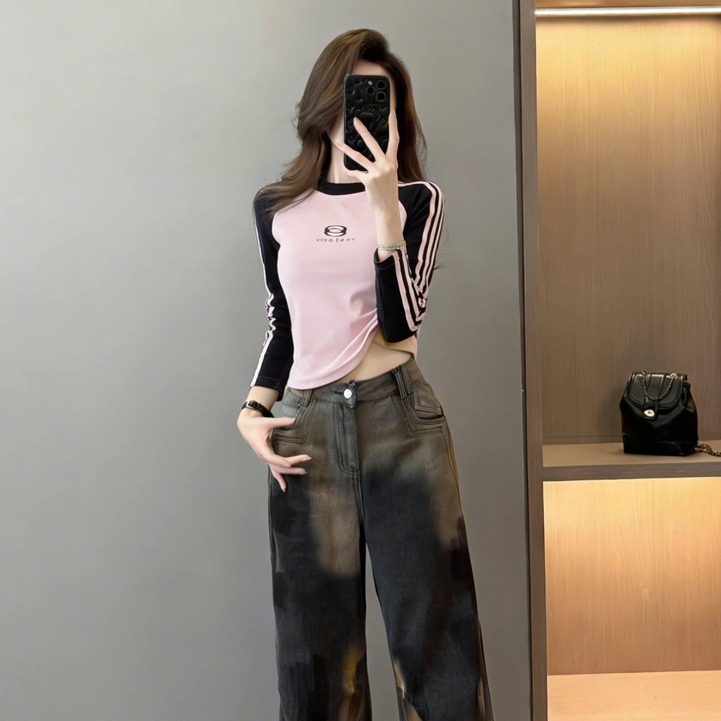 撞色辣妹紧身短款长袖T恤女上衣