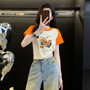 撞色紧身短袖t恤女夏季新款设计感修身显瘦辣妹小个子短款上衣潮