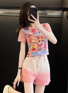 涂鸦印花紧身短款t恤女短袖夏季新款修身显瘦辣妹露脐半袖衫上衣