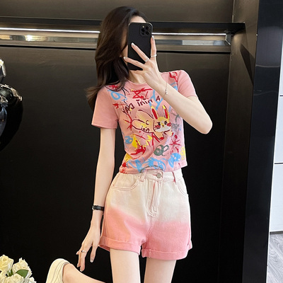 涂鸦印花紧身短款t恤女短袖夏季