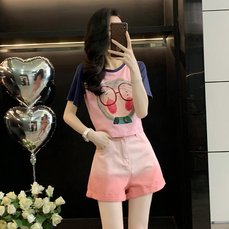 卡通印花撞短款t恤女短袖夏季休闲露脐宽松显瘦小个子半袖上衣潮