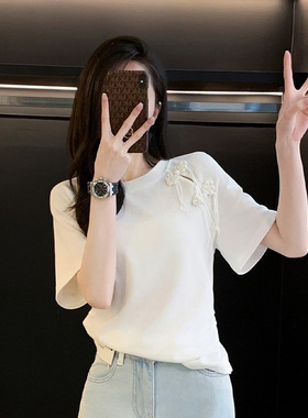 国风白色短袖t恤女夏季新款新中式简约设计感休闲宽松半袖衫上衣