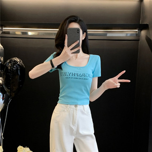 U领紧身短款t恤女短袖夏季高腰设计感小众修身显瘦辣妹半袖衫上衣